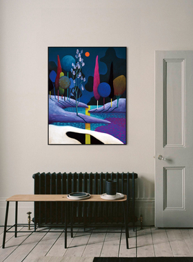 蓝色夕阳抽象涂鸦客厅沙发背景墙装饰画现代简约玄关小众艺术挂画