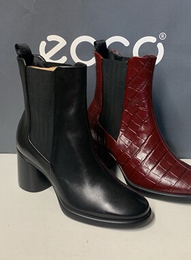 ECCO爱步女鞋秋冬高跟真皮短靴一脚蹬切尔西靴222703雕塑奢华