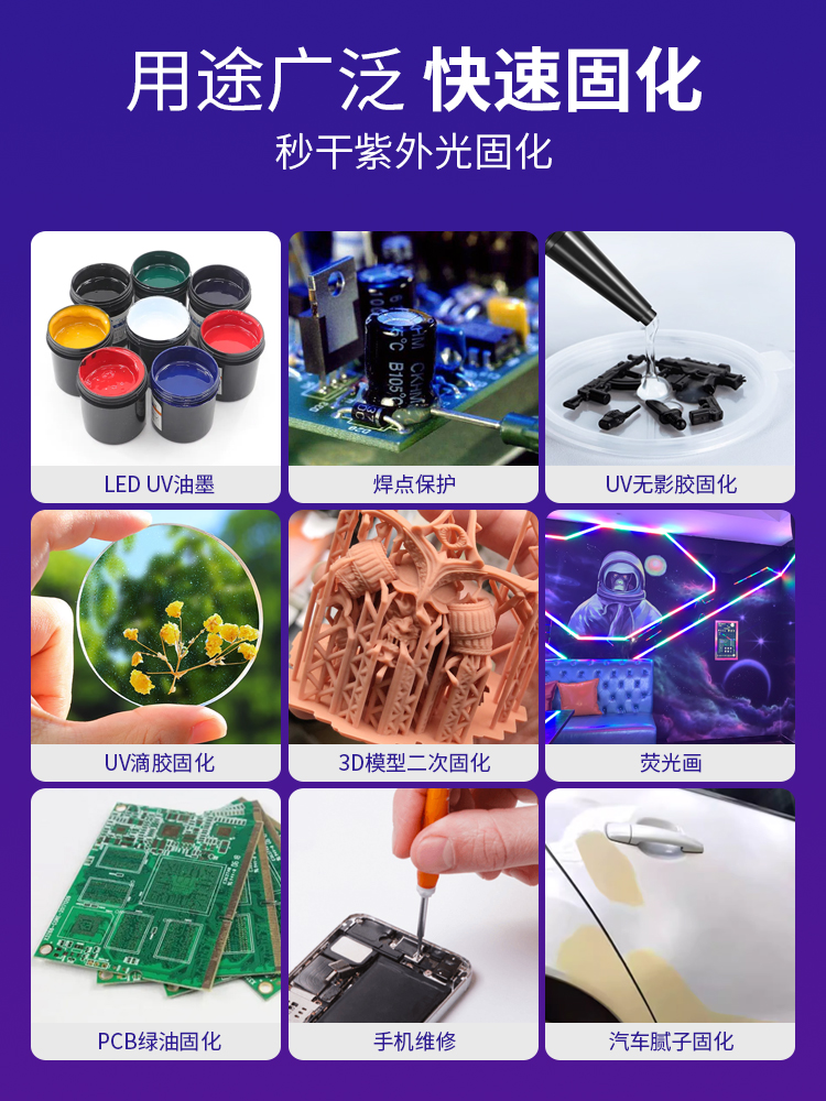 LED UV lamp, 3D printing, curing UV film, high-energy UV shadowless adhesive, bonding, green oil, yellowing resin