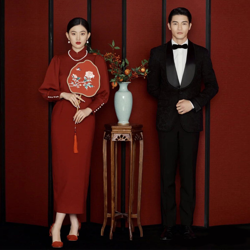 2022影楼拍照婚纱摄影喜嫁酒红民国复古法式时尚修身中式旗袍礼服