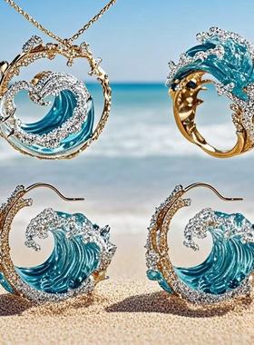 亚马逊热卖款浪花项链套装创意新款轻奢海浪造造型戒指耳环百搭