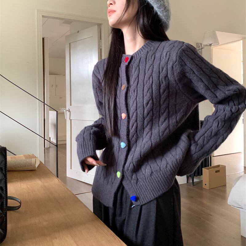 韩系软糯慵懒风厚款麻花毛衣外套秋冬女彩色爱心纽扣针织开衫上衣