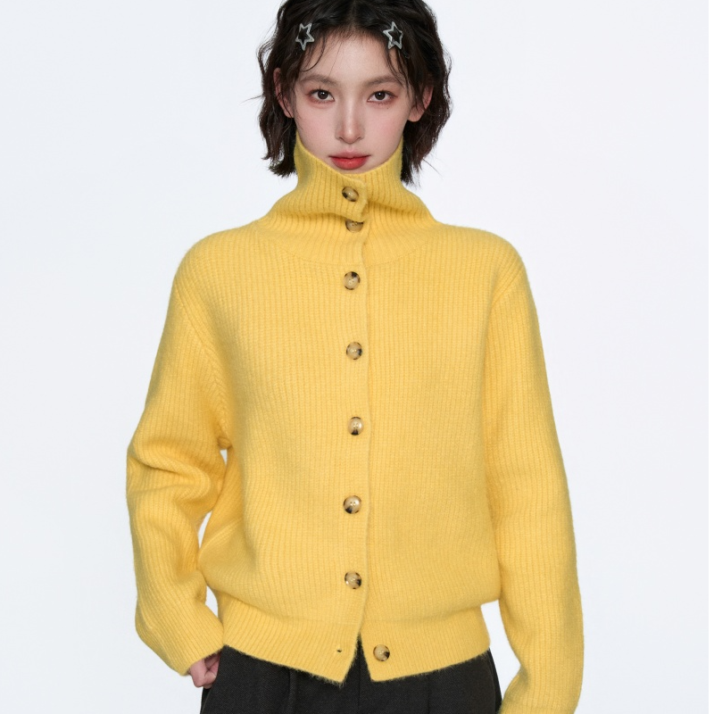 黄色高领立领针织毛衣外套女秋冬冬季加厚宽松慵懒风打底开衫上衣