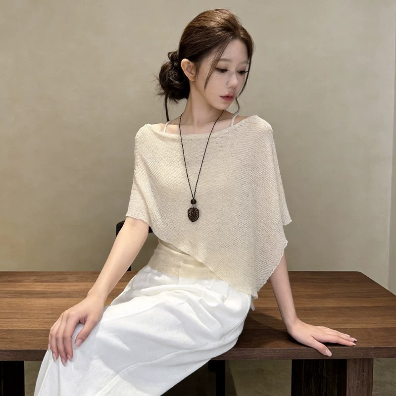 纯欲风一字肩针织衫女夏季薄款宽松显瘦气质披肩式独特巨好看上衣