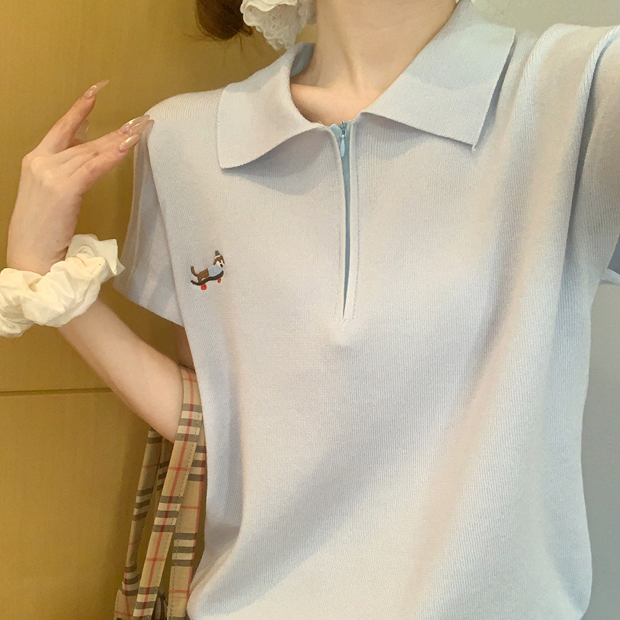 蓝色拉链polo领短袖针织衫女2026年夏季腊肠狗刺绣miu系宽松上衣