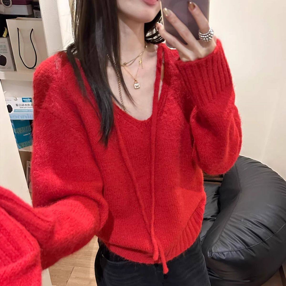 红色系带套头毛衣女春季慵懒高级感外穿宽松软糯针织绑带松弛上衣,女装/女士精品,毛针织衫,淘宝优惠券,粉丝福利购,淘宝优惠卷