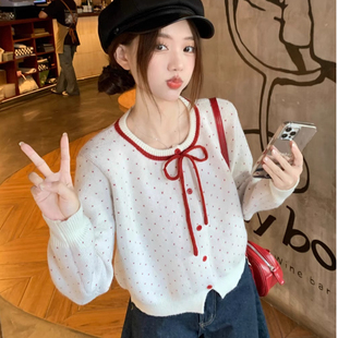 少女感爱心提花针织毛衣外套女冬季2025新款宽松显瘦短款系带上衣