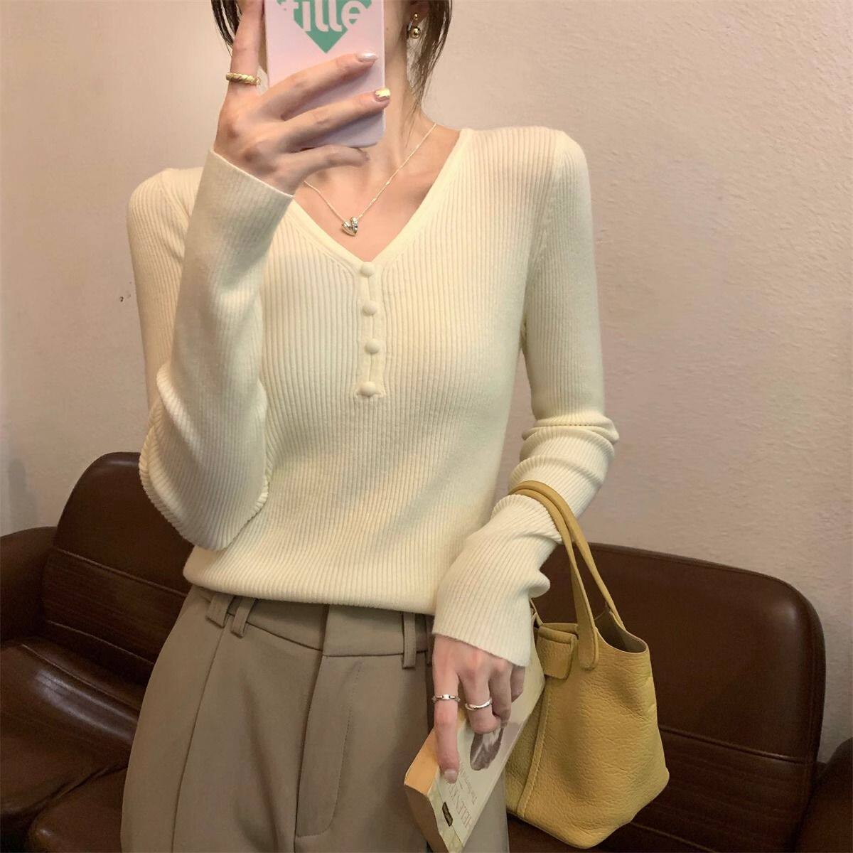 春款长袖v领针织衫女内搭春季2026新款设计感修身气质打底衫上衣