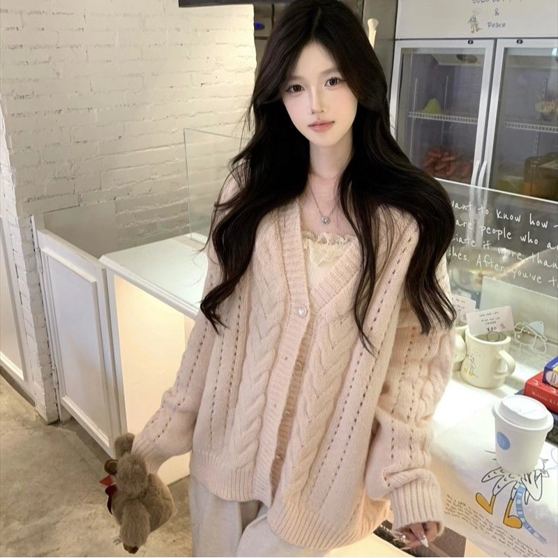 慵懒风宽松爆款春季V领长袖甜美减龄毛衣外套女粉色针织上衣通勤