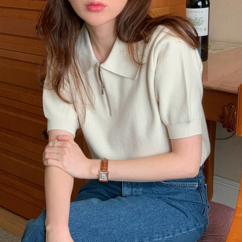 polo领针织衫短袖t恤女夏薄款拉链翻领ins潮韩版别致洋气短款上衣