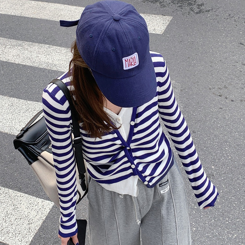 2024年新款条纹针织开衫女秋季外搭薄款长袖假两件上衣外套潮