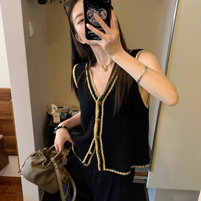 法式小香风无袖针织开衫外搭v领