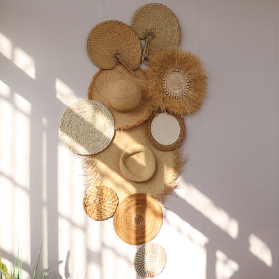 ins印尼波西米亚北欧墙面装饰民宿手工壁饰圆形草编藤编背景墙