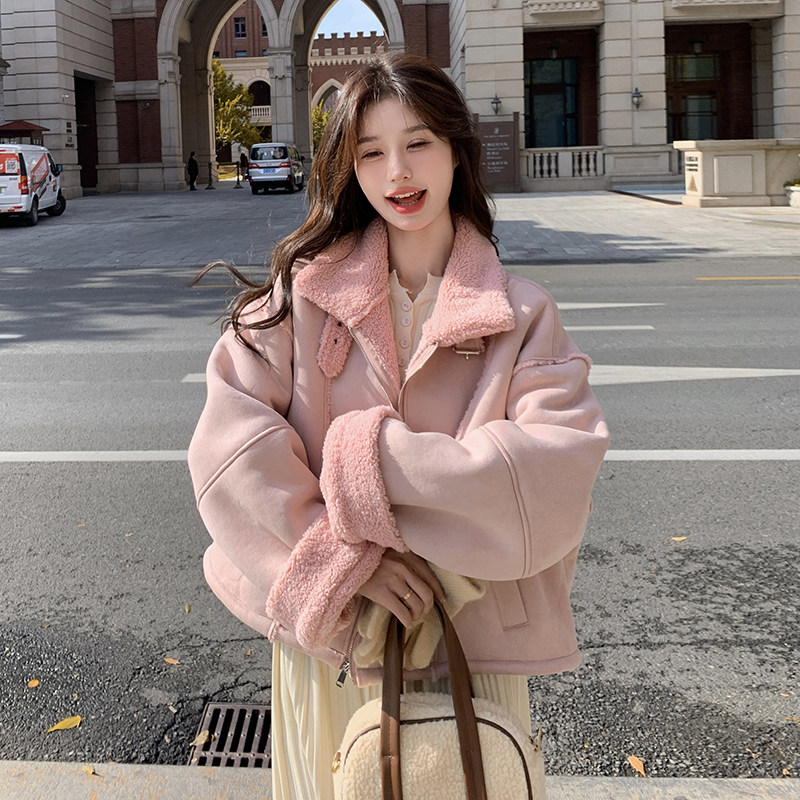 皮毛一体外套女2024冬chic又酷又飒韩系加厚摇粒绒粉色休闲羊羔毛，女装毛呢外套，浙宝099