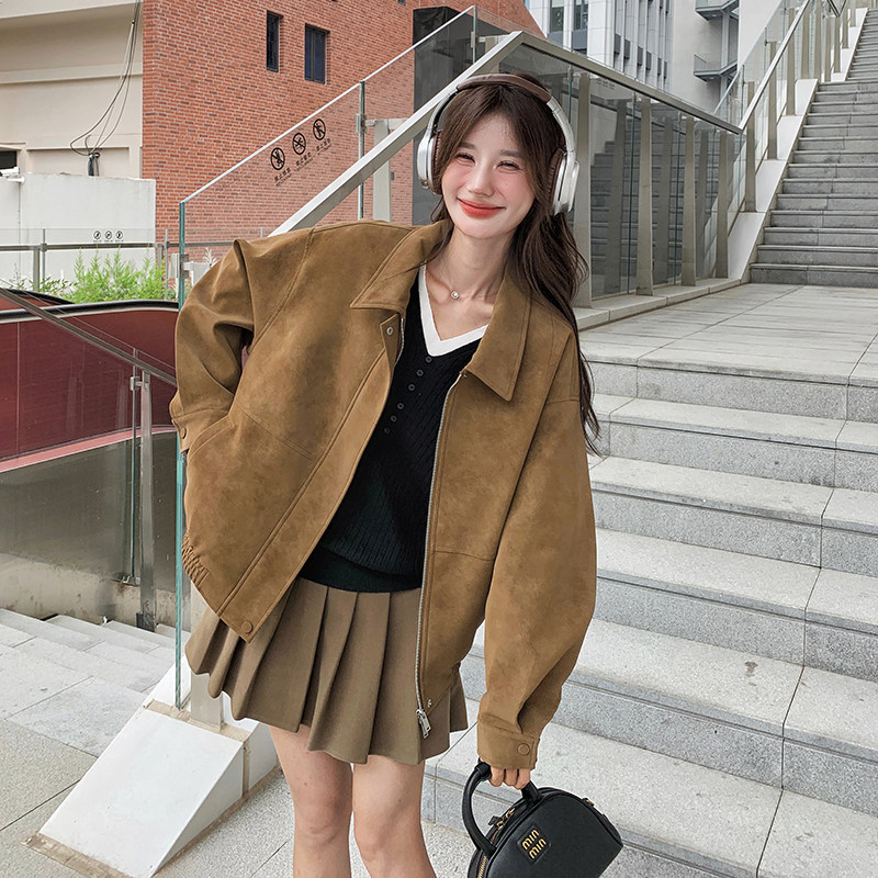 麂皮绒外套女2025春季新款美拉德复古设计感炸街休闲工装夹克上衣,女装短外套,浙宝099