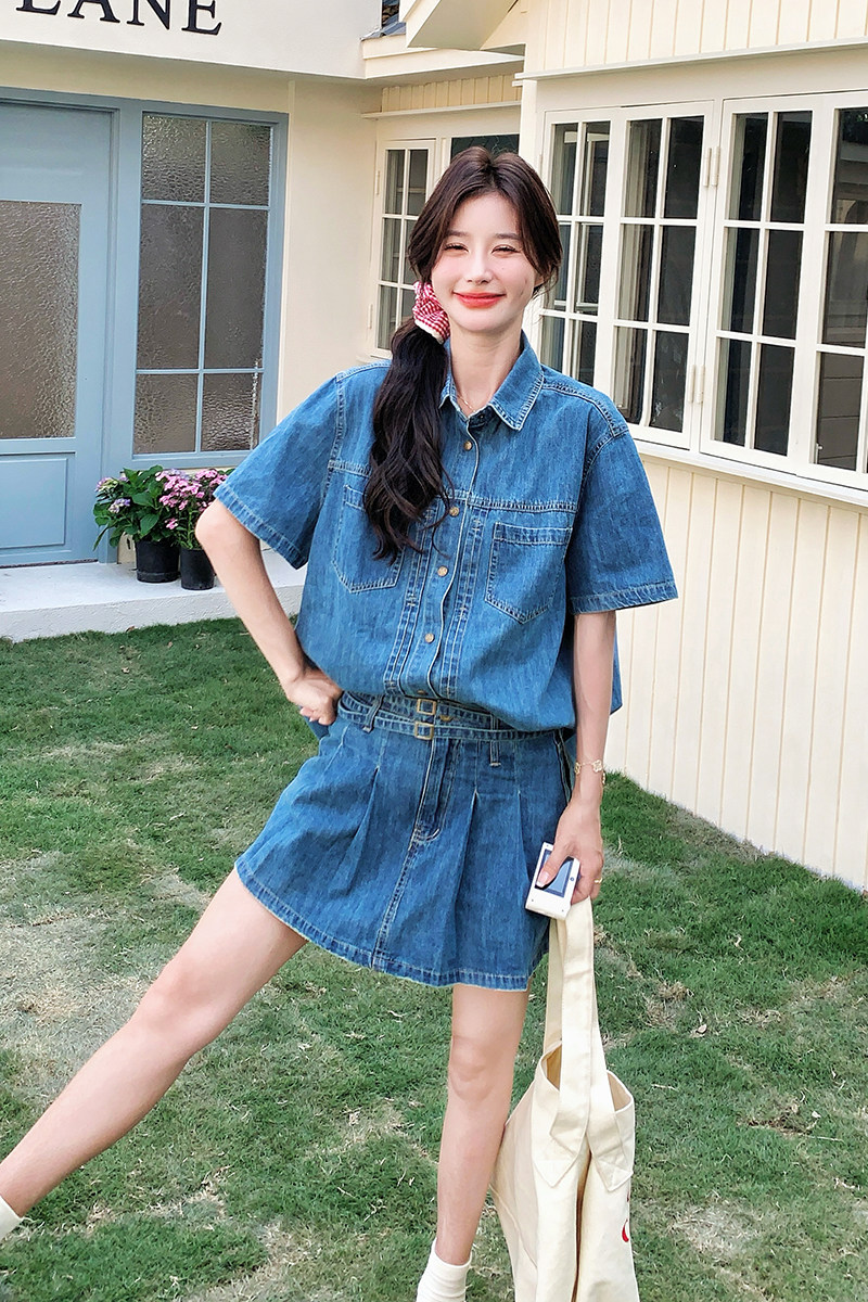 蓝色复古可盐可甜牛仔套装女小个子2025夏新款短袖衬衫短裙两件套,女装套装/套裙,浙宝099
