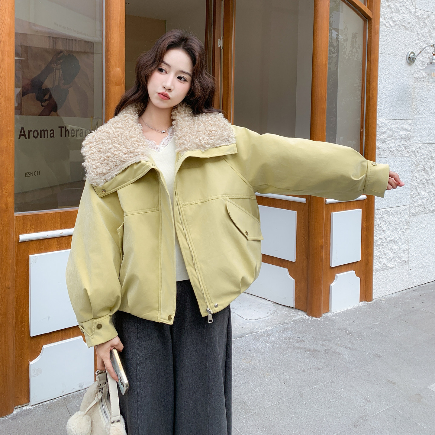 新款现货羊羔毛拼接50羽绒服派克服099-10326-p235-k358,女装羽绒服,浙宝099