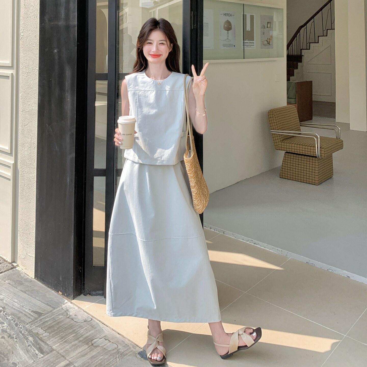 减龄浅蓝色无袖背心半身裙套装女夏新款独特漂亮显瘦小个子两件套,女装套装/套裙,浙宝099
