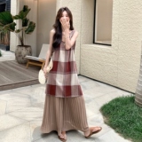 法式格纹v领背心连衣裙套装女2025新款复古高级感半身裙两件套，女装连衣裙，浙宝099