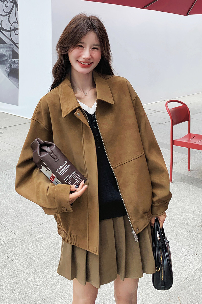 麂皮绒外套女2025春季新款美拉德复古设计感炸街休闲工装夹克上衣,女装短外套,浙宝099