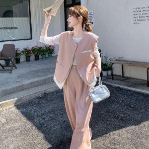 高级感粉色休闲西装马甲阔腿裤女2025春季新款韩版宽松图片