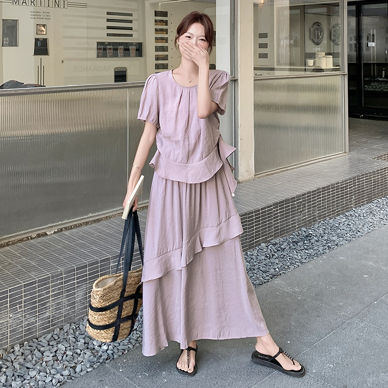 紫色温柔风气质两件套女2025夏季新款韩系设计感荷叶边上衣半身裙,女装套装/套裙,浙宝099