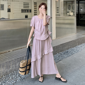 紫色温柔风气质两件套女2025夏季新款韩系设计感荷叶边上衣半身裙图片