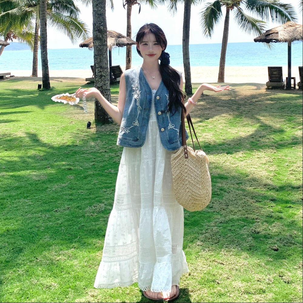 牛仔马甲蕾丝吊带连衣裙套装女夏2025新款气质绝美小众不撞款长裙,女装套装/套裙,浙宝099