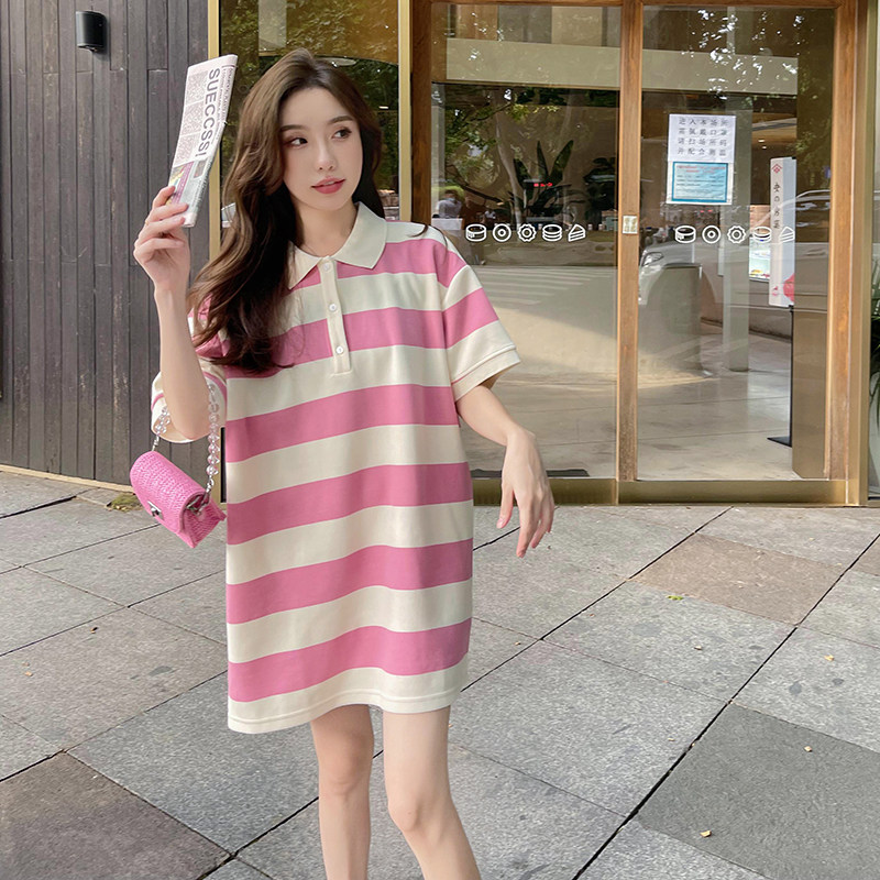 学院风粉色条纹polo连衣裙女夏2025年新款初恋清纯宽松短款T恤裙,女装连衣裙,浙宝099