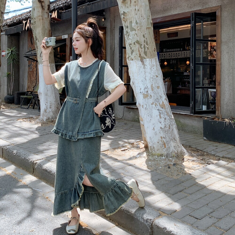 设计感时尚牛仔套装裙女2025夏季新款假两件收腰上衣半身裙两件套,女装套装/套裙,浙宝099