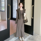 韩系PU皮马甲条纹女春秋2025新款独特绝美盐系减龄长裙，女装连衣裙，浙宝099
