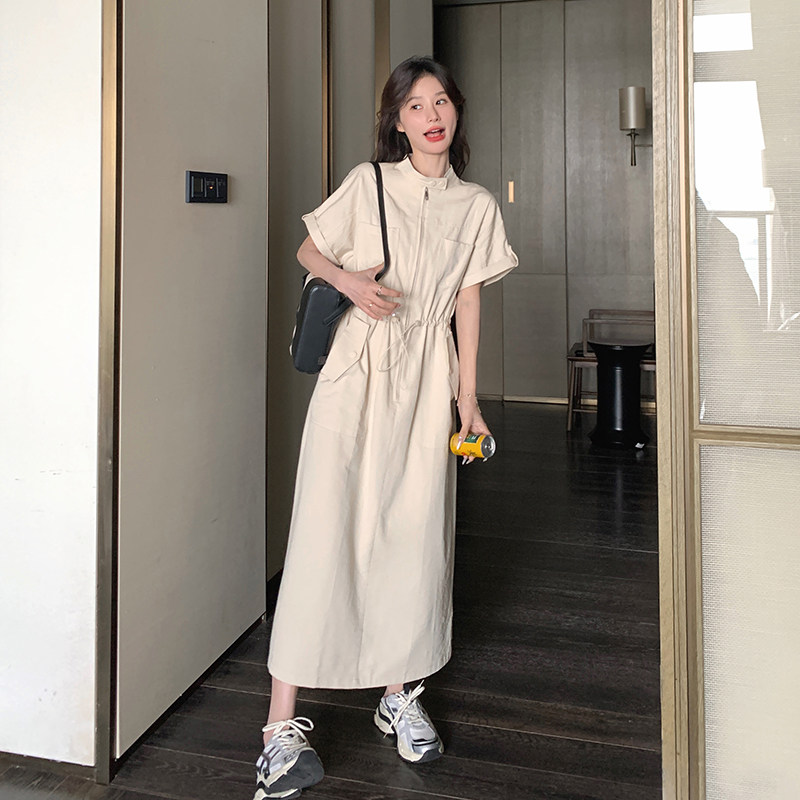 慵懒松弛感韩系收腰杏色连衣裙女夏季2025新款减龄简单大方衬衫裙,女装连衣裙,浙宝099