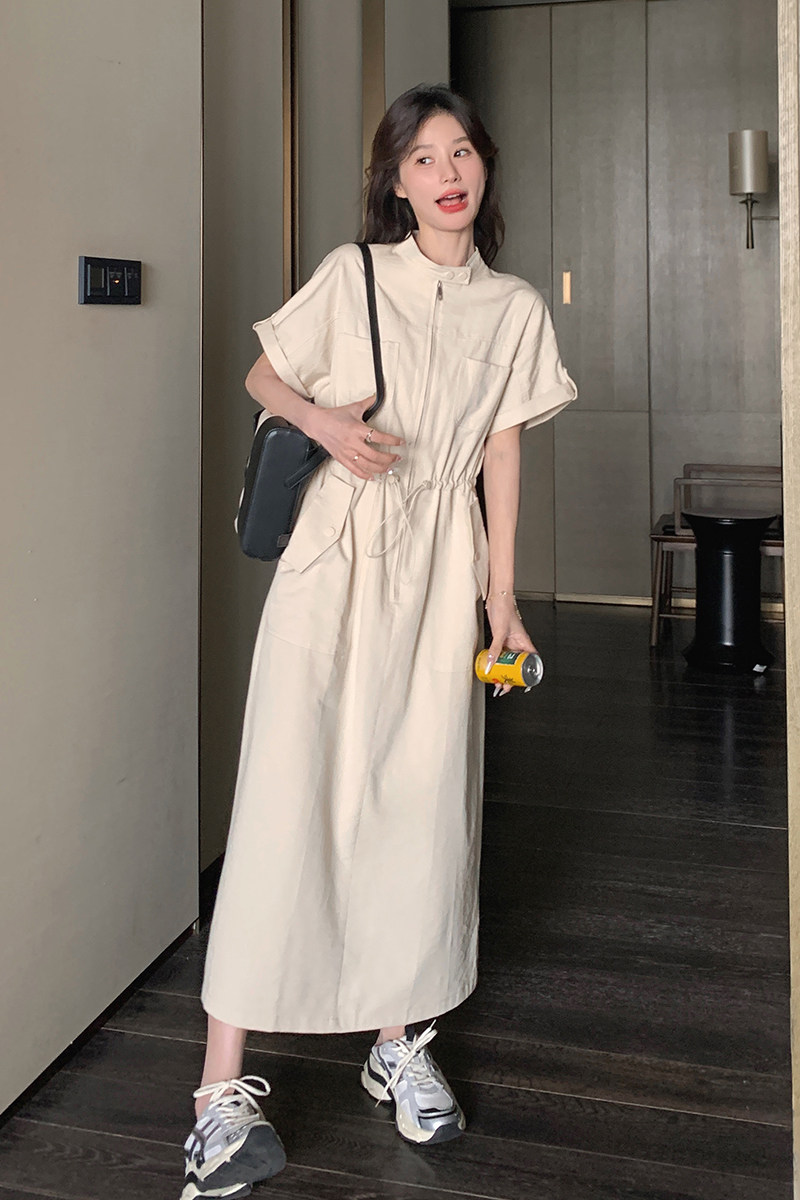 慵懒松弛感韩系收腰杏色连衣裙女夏季2025新款减龄简单大方衬衫裙,女装连衣裙,浙宝099