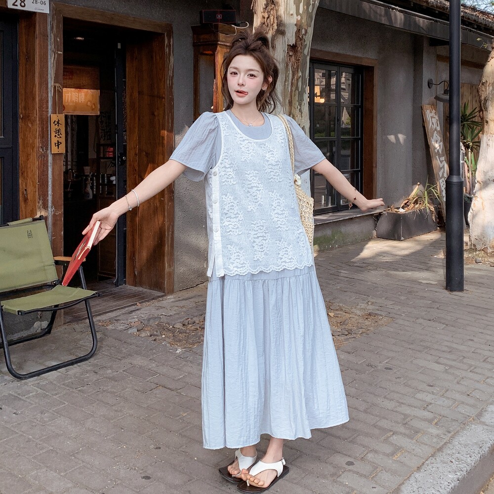 时尚圆领短袖圆领连衣裙女2025年夏季韩系镂空马甲百搭,女装连衣裙,浙宝099