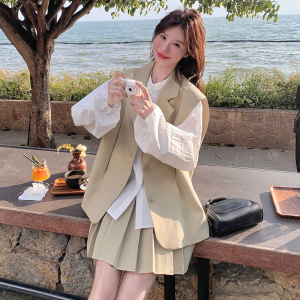 卡其色廓形西装马甲套装裙女2025春季新款韩系设计感百褶裙两件套图片