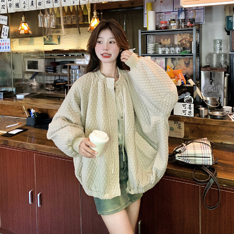 杏色华夫格休闲短外套女春秋2025新款简约大方今年流行的宽松上衣,女装棉衣/棉服,浙宝099