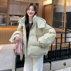 奶fufu豆绿色短款连帽云朵面包羽绒棉服女冬泡芙保暖棉衣棉袄外套图片