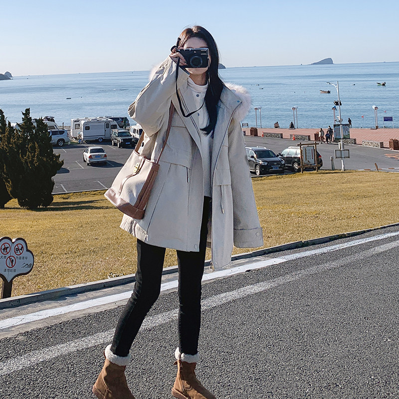浅卡其加厚加绒派克服女中长款2023冬季新款大毛领小个子棉衣棉袄,女装派克服,浙宝099