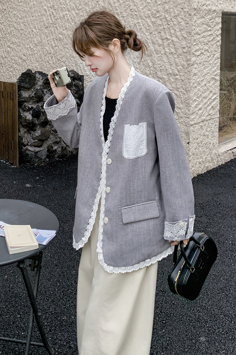 灰色蕾丝拼接西装外套女2025年春秋季新款高级感宽松流行西服上衣,女装短外套,浙宝099