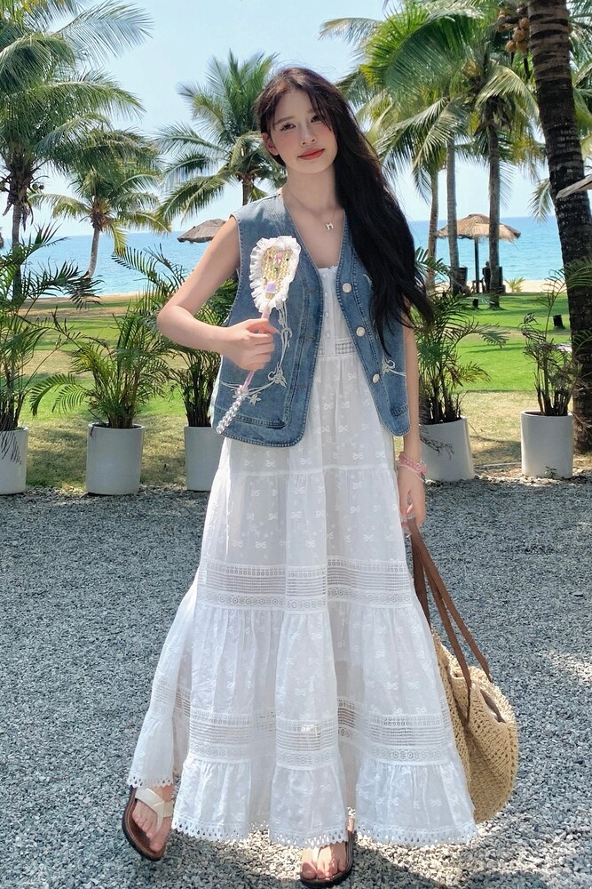 牛仔马甲蕾丝吊带连衣裙套装女夏2025新款气质绝美小众不撞款长裙,女装套装/套裙,浙宝099