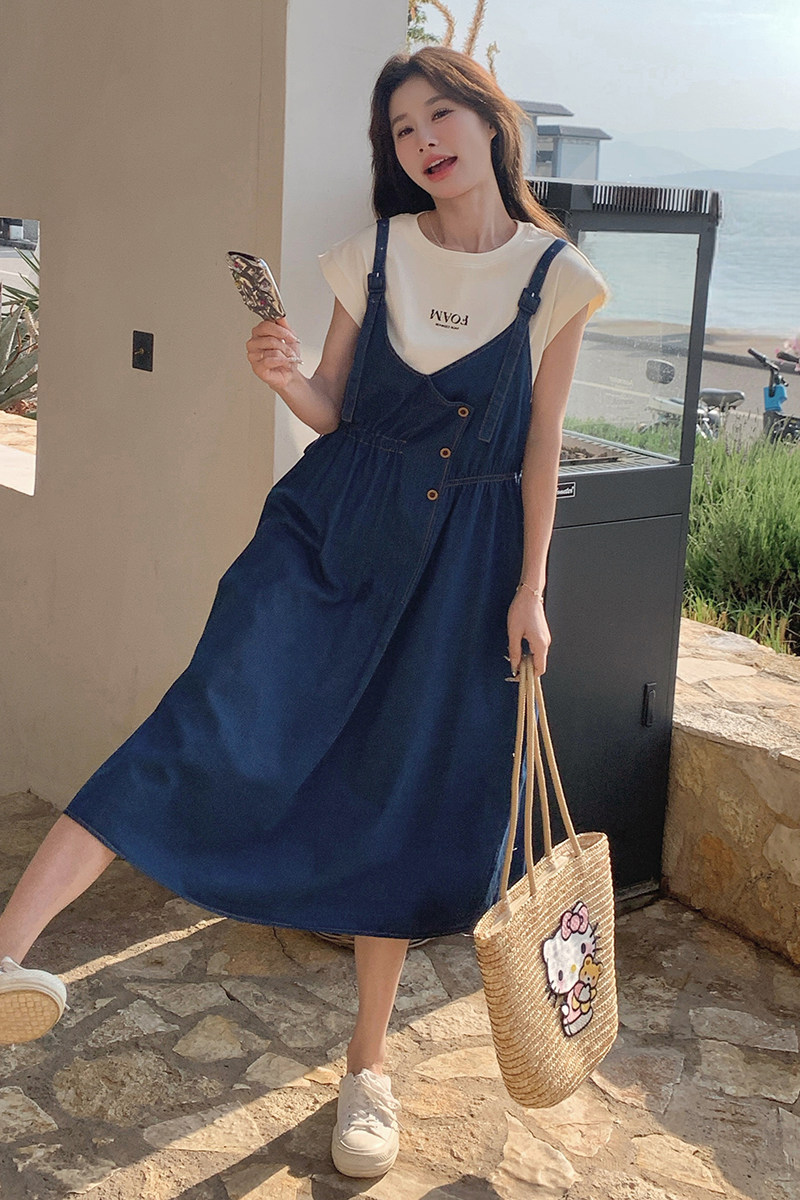 小个子蓝色牛仔背带裙女2025夏季新款日系减龄收腰显瘦吊带连衣裙,女装连衣裙,浙宝099