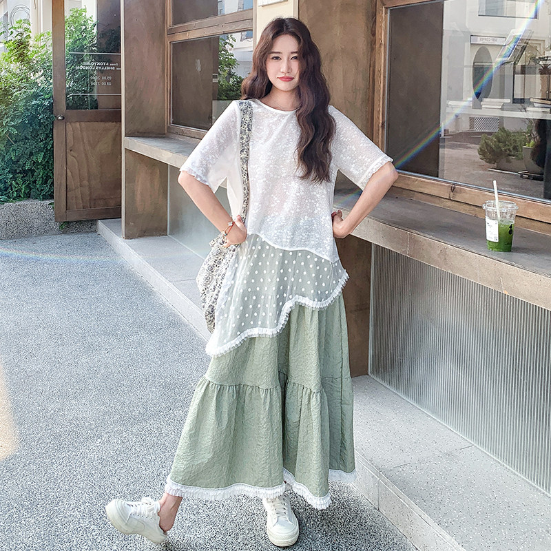 蕾丝拼接斜边上衣半身裙女夏季超火独特绝美巨好看ootd,女装连衣裙,浙宝099