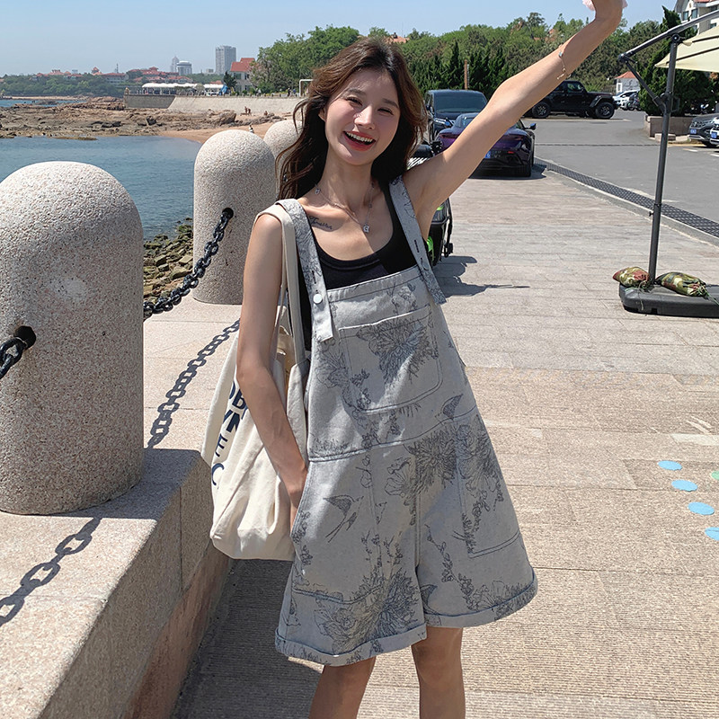 新中式国风水墨画背带裤套装女夏季小个子网红俏皮减龄时尚短裤子,女装休闲裤,浙宝099