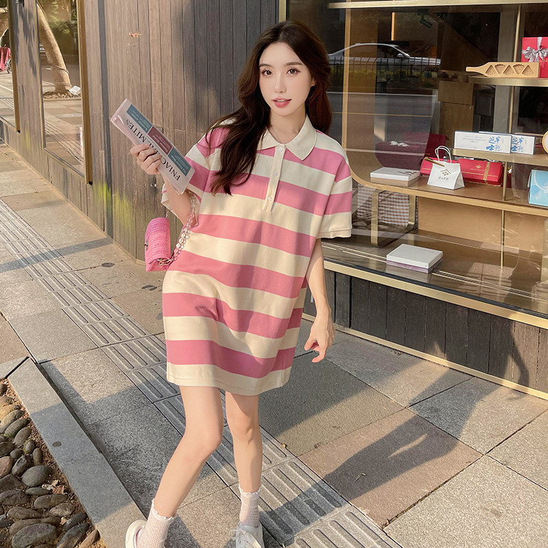 学院风粉色条纹polo连衣裙女夏2025年新款初恋清纯宽松短款T恤裙,女装连衣裙,浙宝099