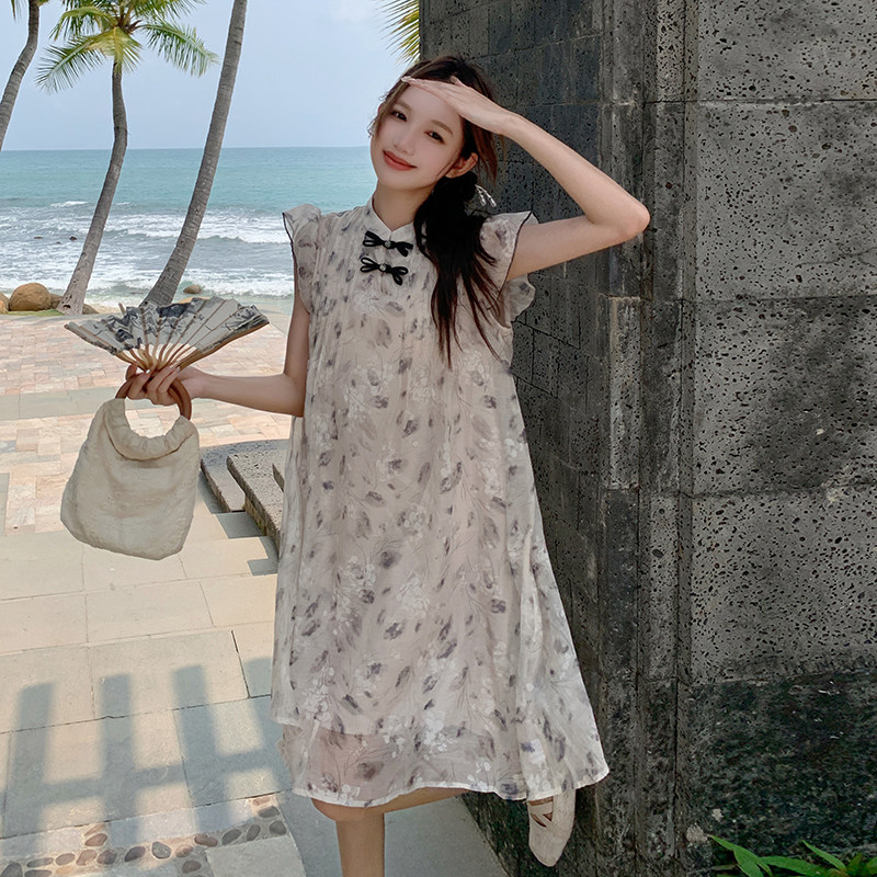 米色碎花连衣裙夏季女2024新款飞飞袖复古小个子减龄中长款A字裙,女装连衣裙,浙宝099