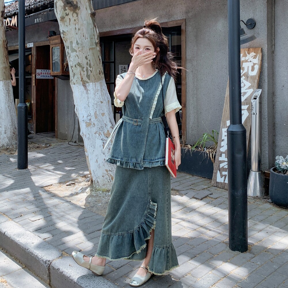 设计感时尚牛仔套装裙女2025夏季新款假两件收腰上衣半身裙两件套,女装套装/套裙,浙宝099