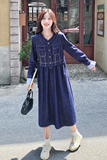 蓝色牛仔连衣裙春秋女2025新款俏皮减龄设计感V领宽松中长款A字裙，女装连衣裙，浙宝099