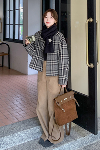 灰格小香风气质毛呢外套女2024冬季新款韩版宽松小个子呢子短大衣图片