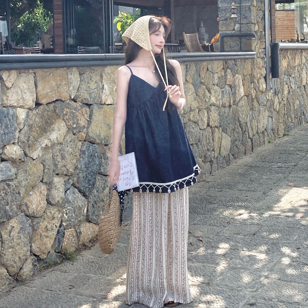 复古V领流苏牛仔背心连衣裙女2025夏新款碎花阔腿休闲裤时尚套装,女装套装/套裙,浙宝099