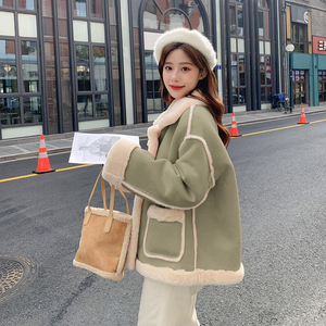 绿色皮毛一体羊羔毛棉服外套女秋冬2024新款小个子麂皮绒加绒棉衣图片